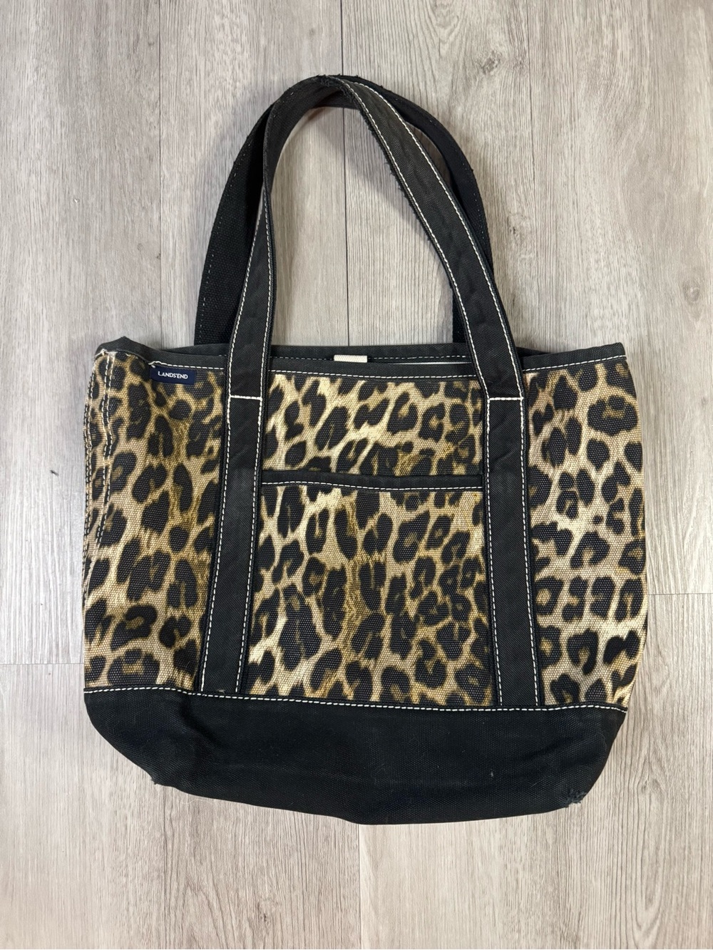 Lands' End Leopard Animal Print Canvas Tote Bag Zip Pockets Double Handles